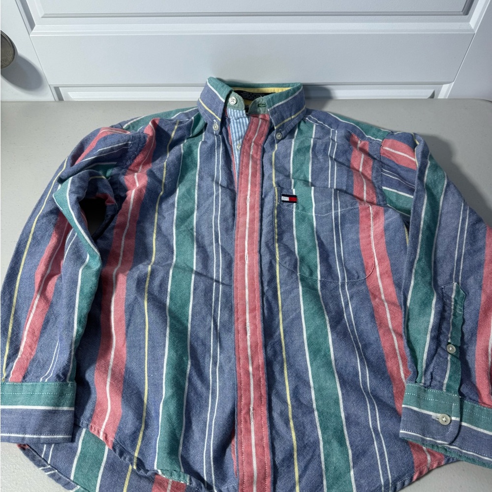 Vintage Tommy Hilfiger Kids Striped Shirt - Red, Green, Blue. Size Small